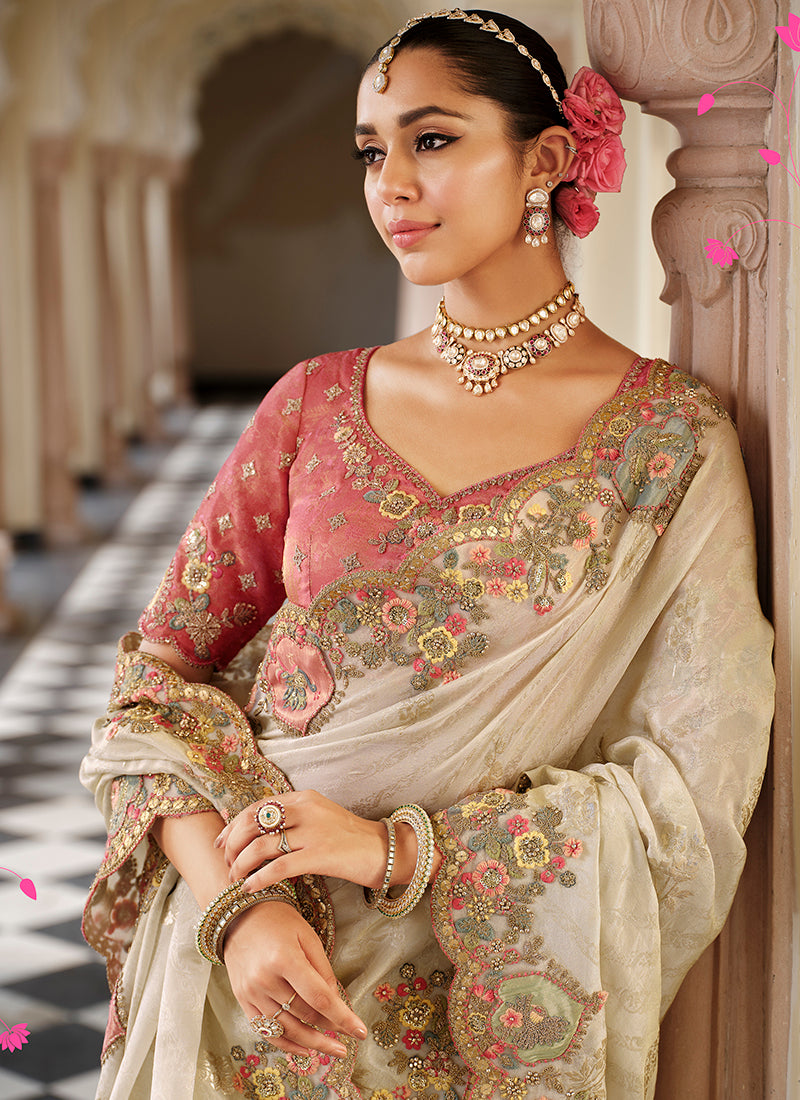 Off White Silk Zari Work Wedding Wear Saree SW989396