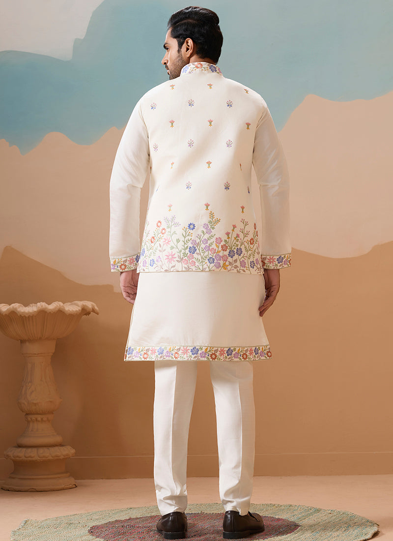Viscose Silk White Festival Wear Embroidery Work Readymade Modi Jacket Kurta Pajama 385582