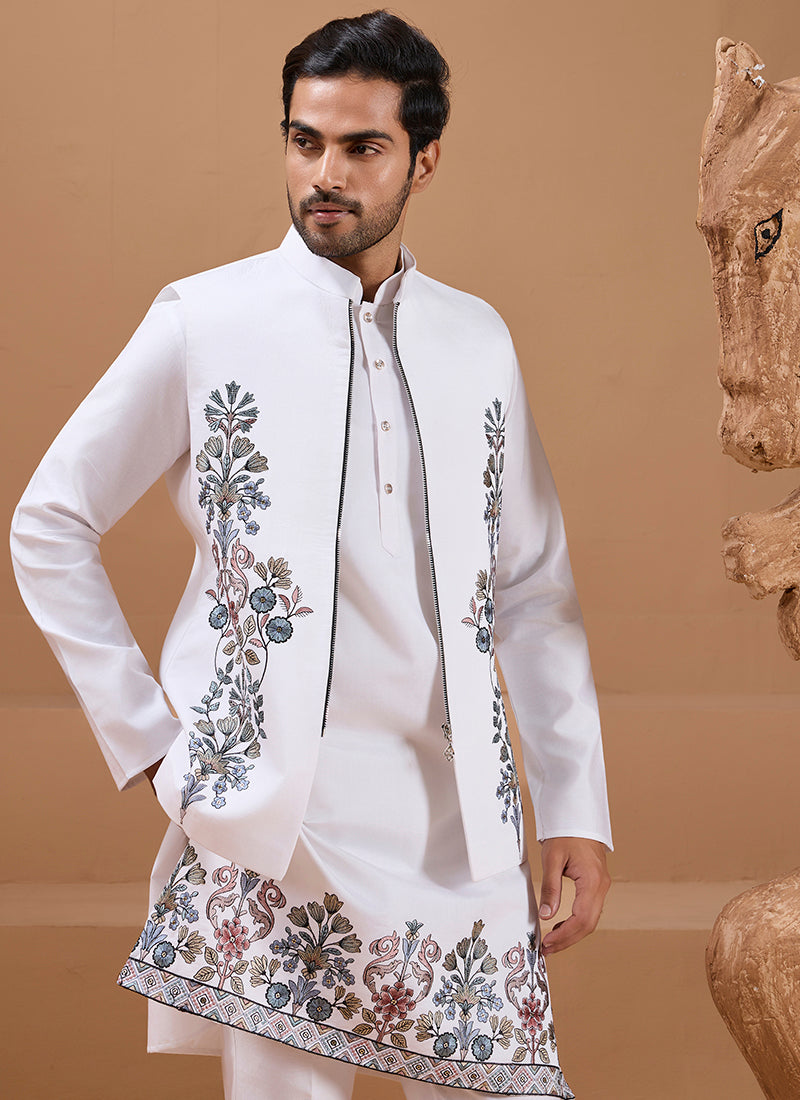 386666 Viscose Silk White Festival Wear Sequin Embroidery Work Readymade Modi Jacket Kurta Pajama