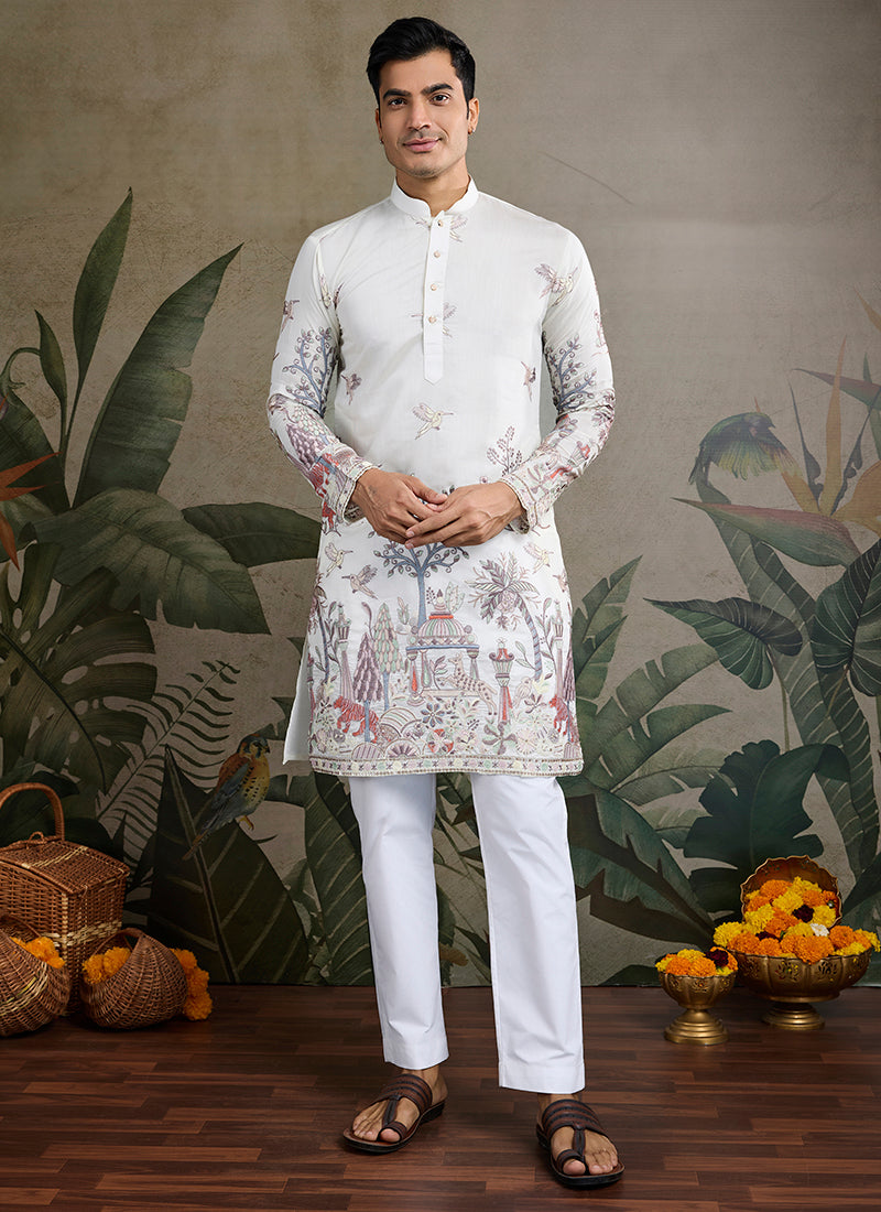 Viscose Silk Classic White Traditional Thread Work Readymade Kurta