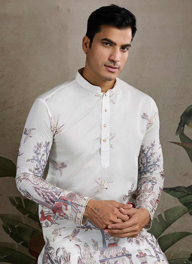 Viscose Silk Classic White Traditional Thread Work Readymade Kurta