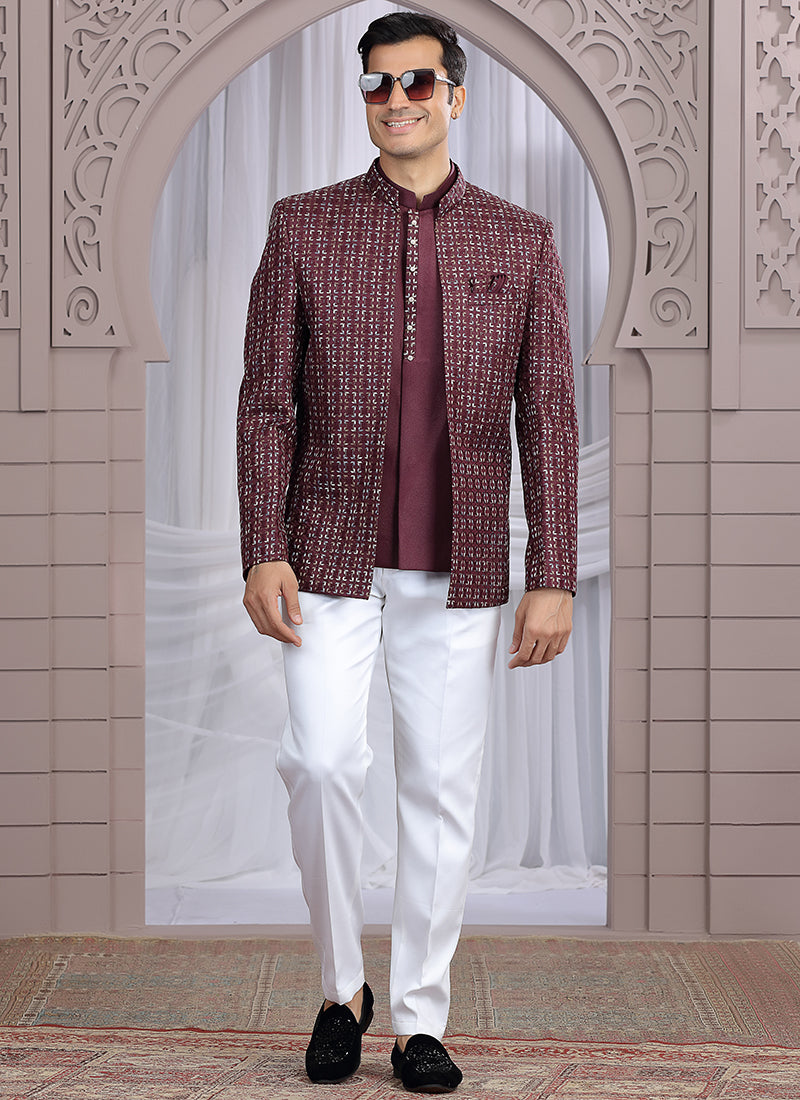 Art Silk Wine Wedding Wear Pattern Pc Work Readymade Indo Western 385500