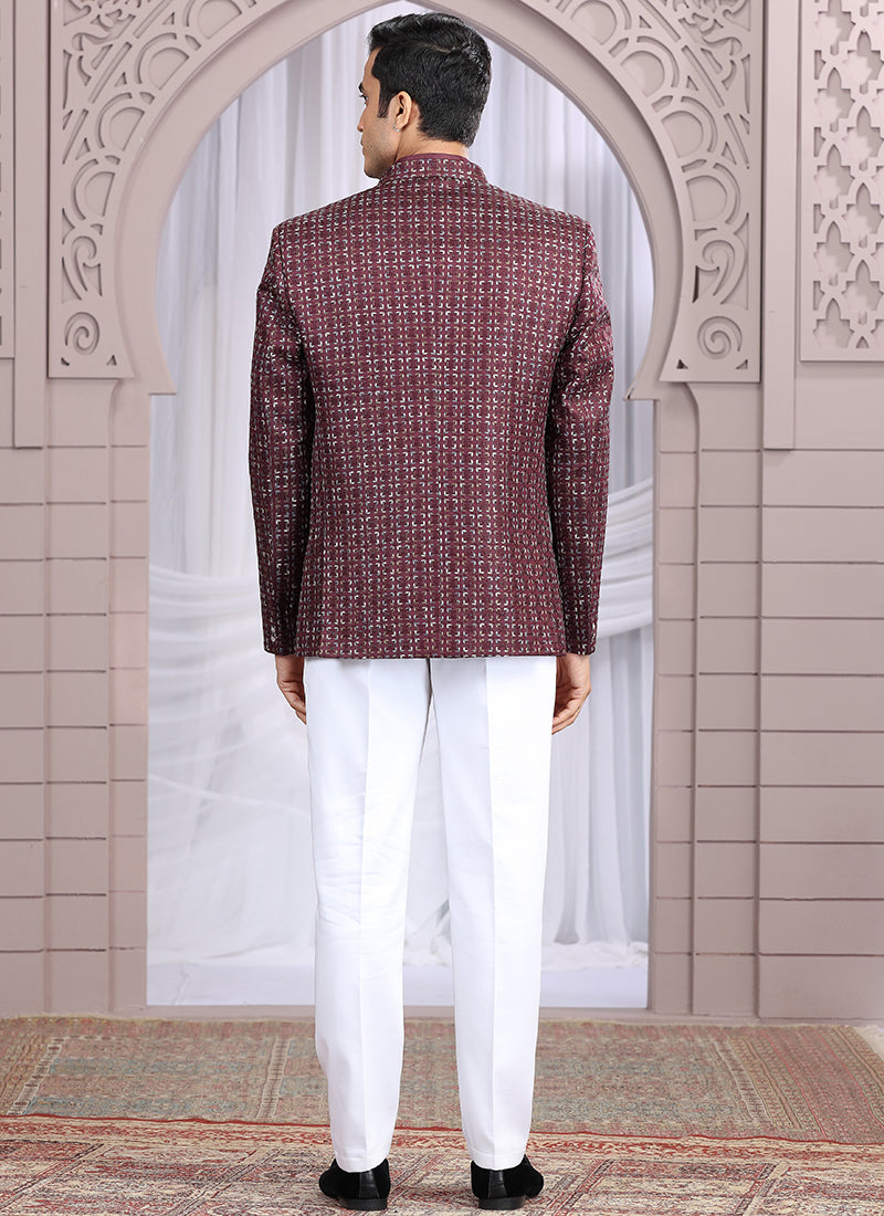 Art Silk Wine Wedding Wear Pattern Pc Work Readymade Indo Western 385500