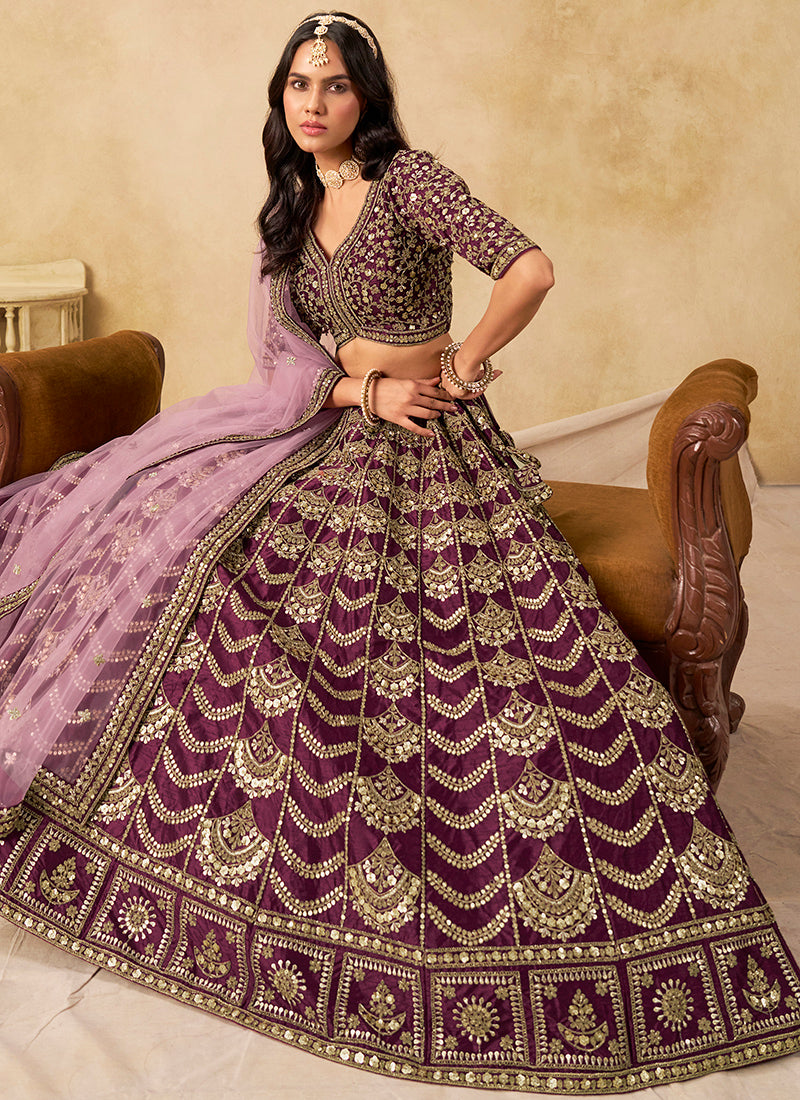 Art Silk Wine Wedding Wear Sequin Work Lehenga Choli 386542