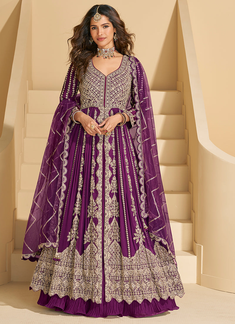 Chinnon Silk Wine Wedding Wear Embroidery Work Readymade Anarkali Suit 384435