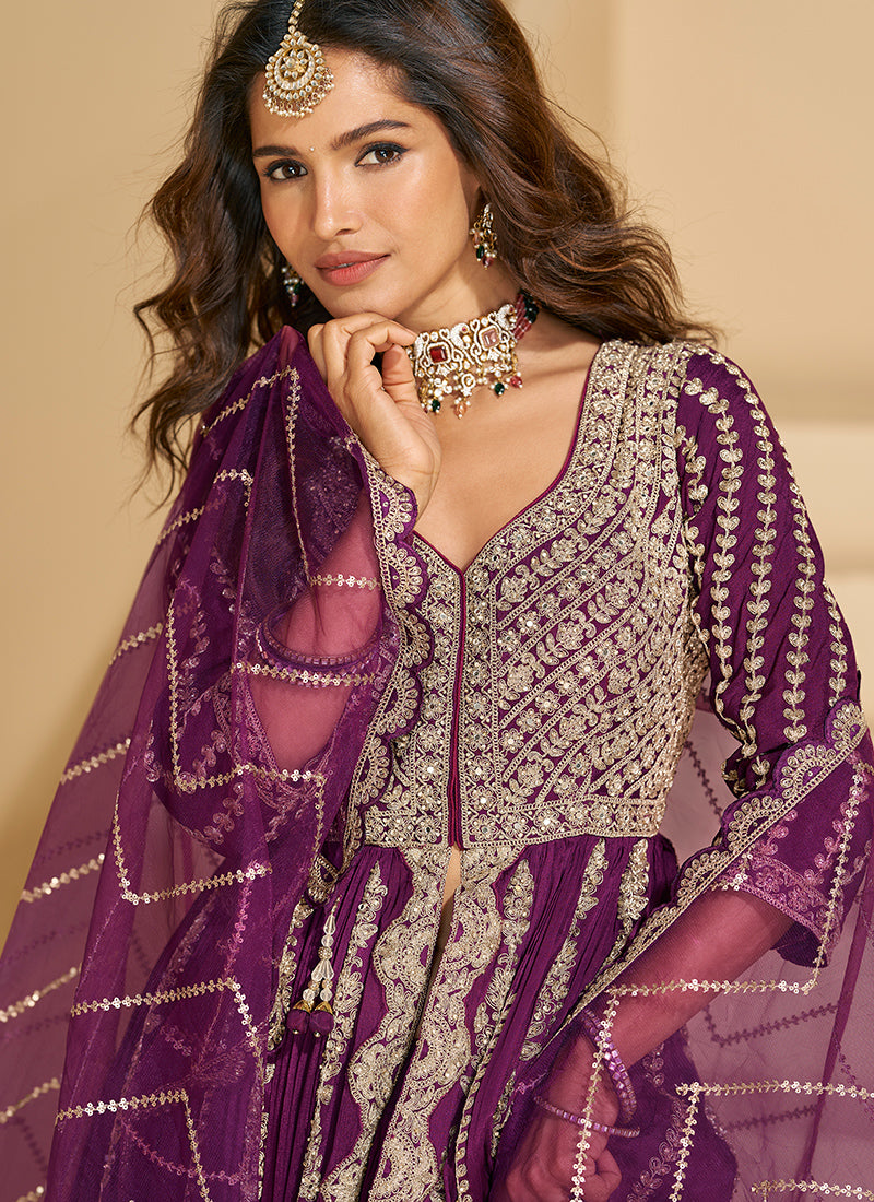 Chinnon Silk Wine Wedding Wear Embroidery Work Readymade Anarkali Suit 384435