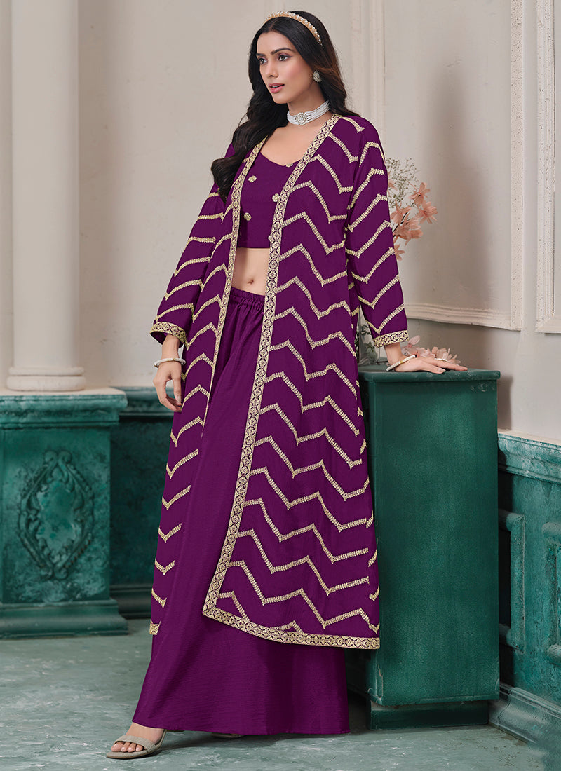 Wine Chinon Silk Embroidery Work Party Wear Indowestern Suit SW493558