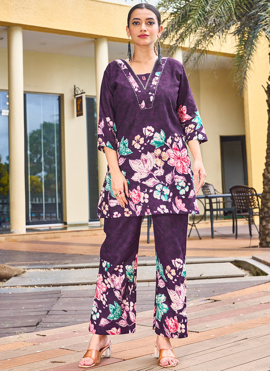 Cotton Wine Casual Wear Hand Work Readymade Cord Set 384915