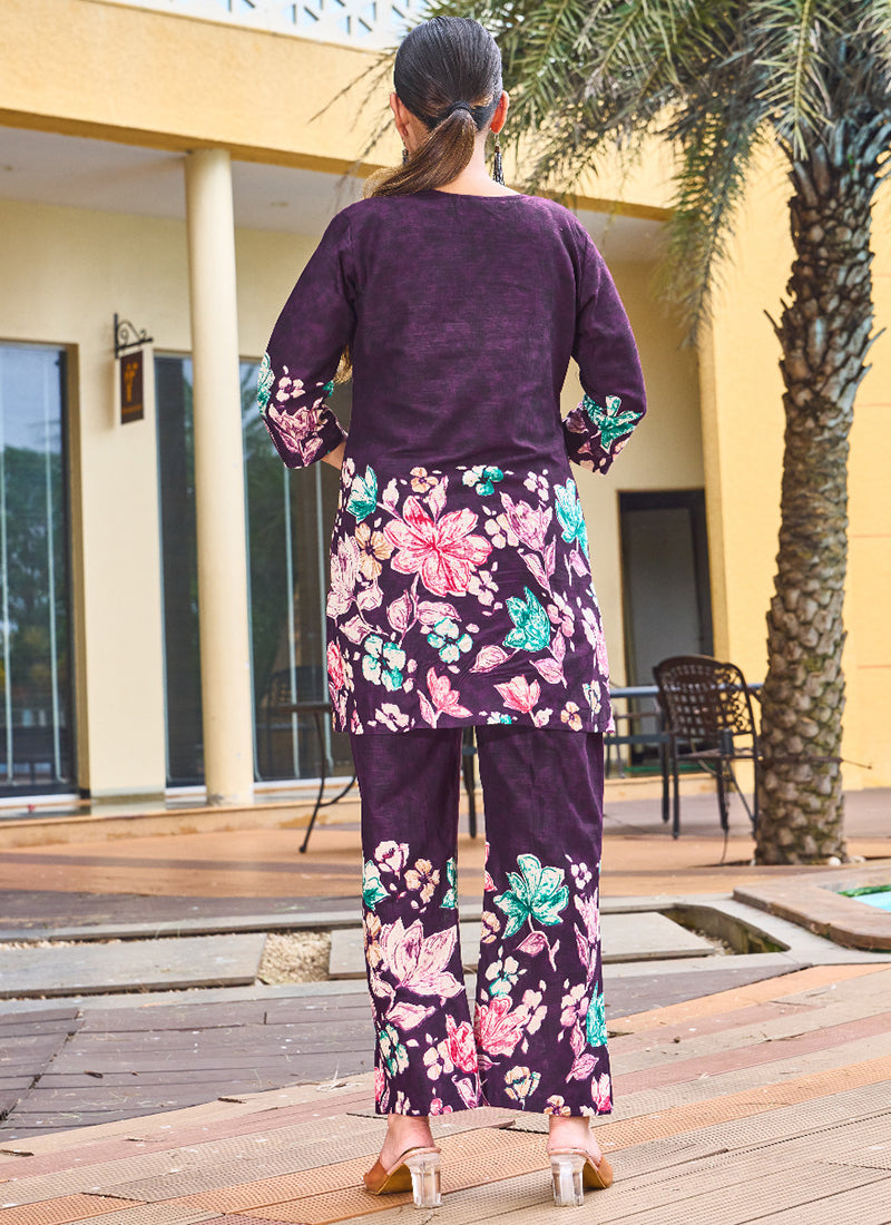 Cotton Wine Casual Wear Hand Work Readymade Cord Set 384915