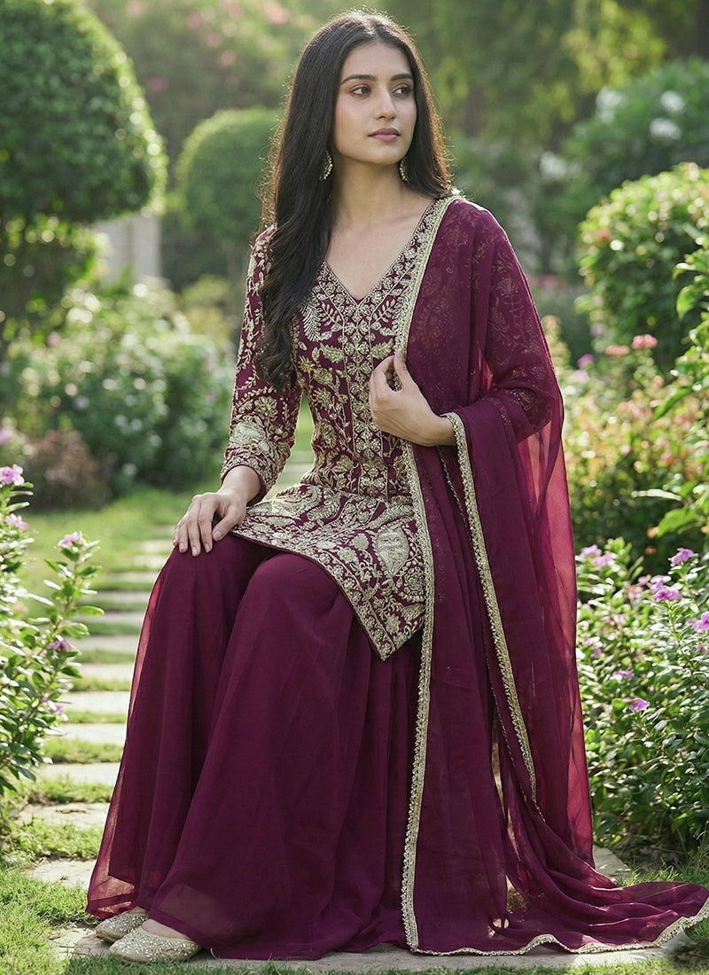 Wine Faux Georgette Embroidery Work Party Wear Readymade Plazzo Suit SW167199