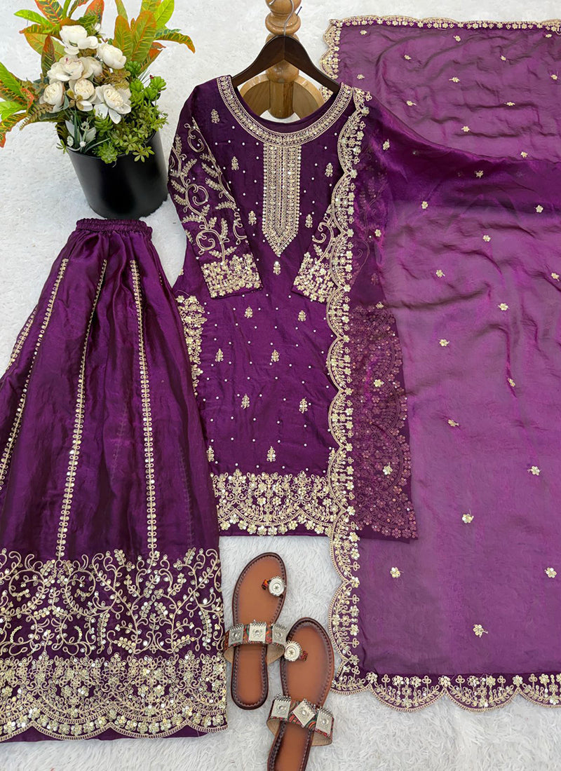 Wine Fendy Silk Embroidery Work Occasional Wear Readymade Plazzo Suit SW459772