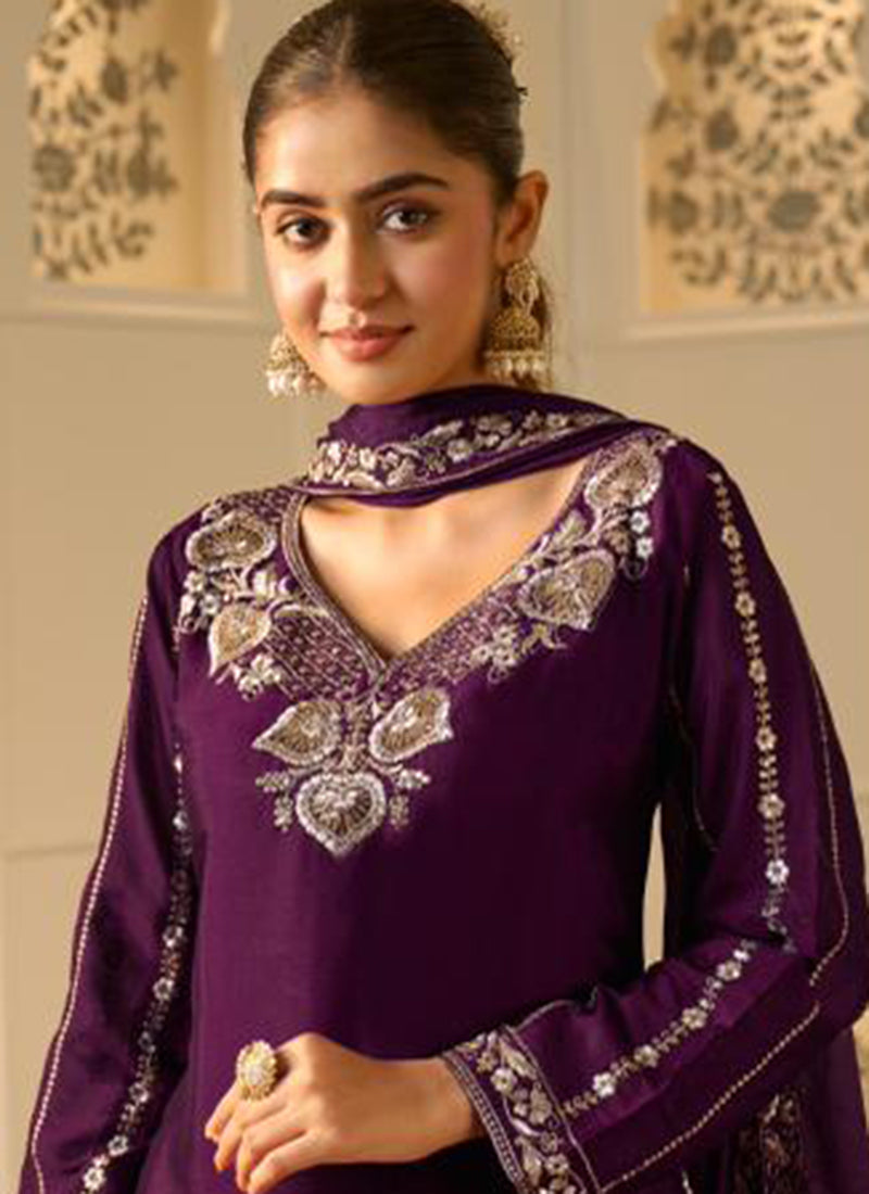 Wine Georgette Embroidery Work Occasional Wear Readymade Plazzo Suit SW520332