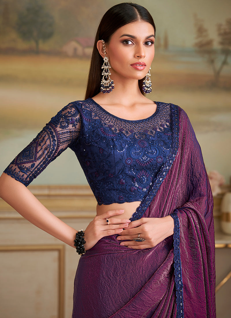 Georgette Wine Party Wear Embroidery Work Saree 386396