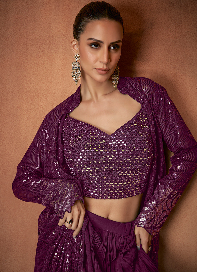 Wine Georgette Sequins Work Party Wear Readymade Designer Suit SW887120