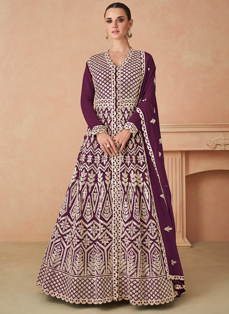 Georgette Wine Wedding Wear Zari Work Readymade Anarkali Gown 386090