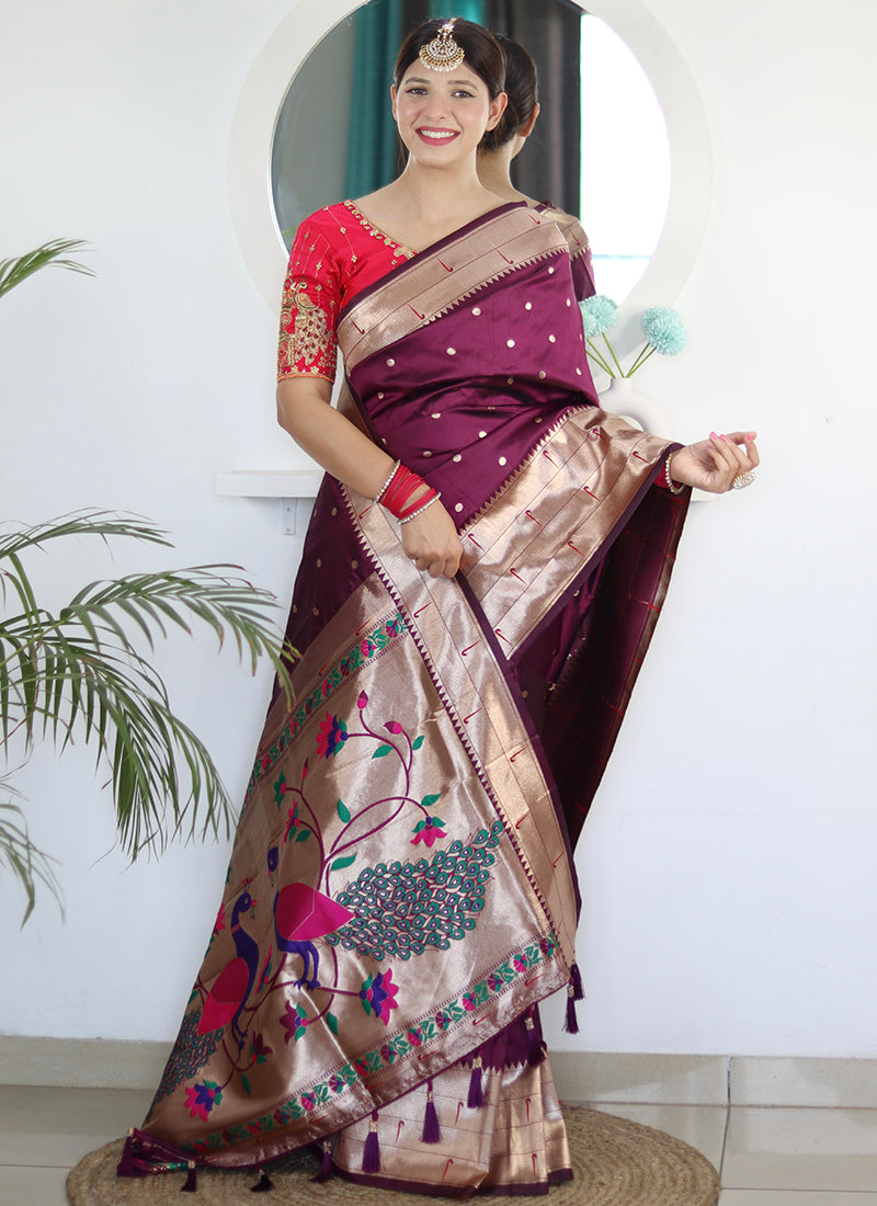 Paithni Silk Wine Saree with Embroidery Work for Party Wear 382466