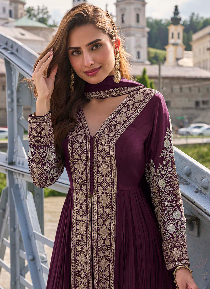 Real Chinon Wine Party Wear Embroidery Work Readymade Indowestern Suit 388486