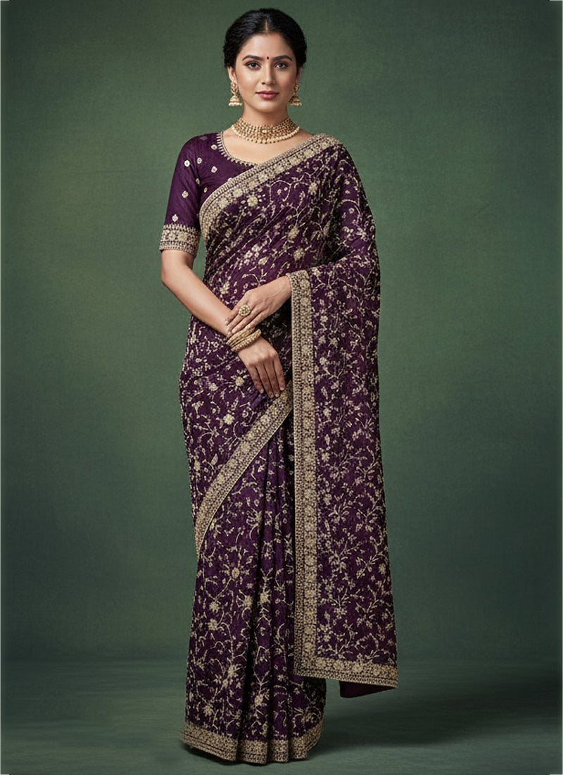 Satin Wine Saree with Zari Work for Wedding Wear 384483