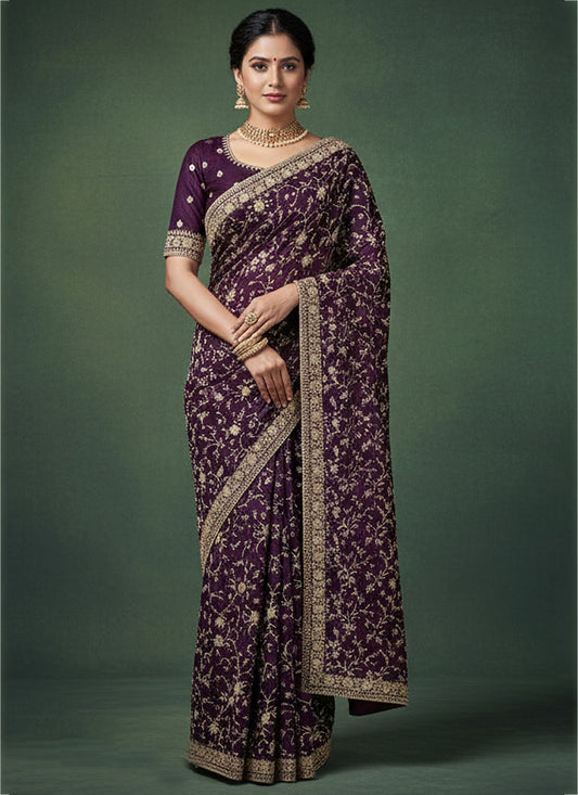 Satin Wine Saree with Zari Work for Wedding Wear 384483