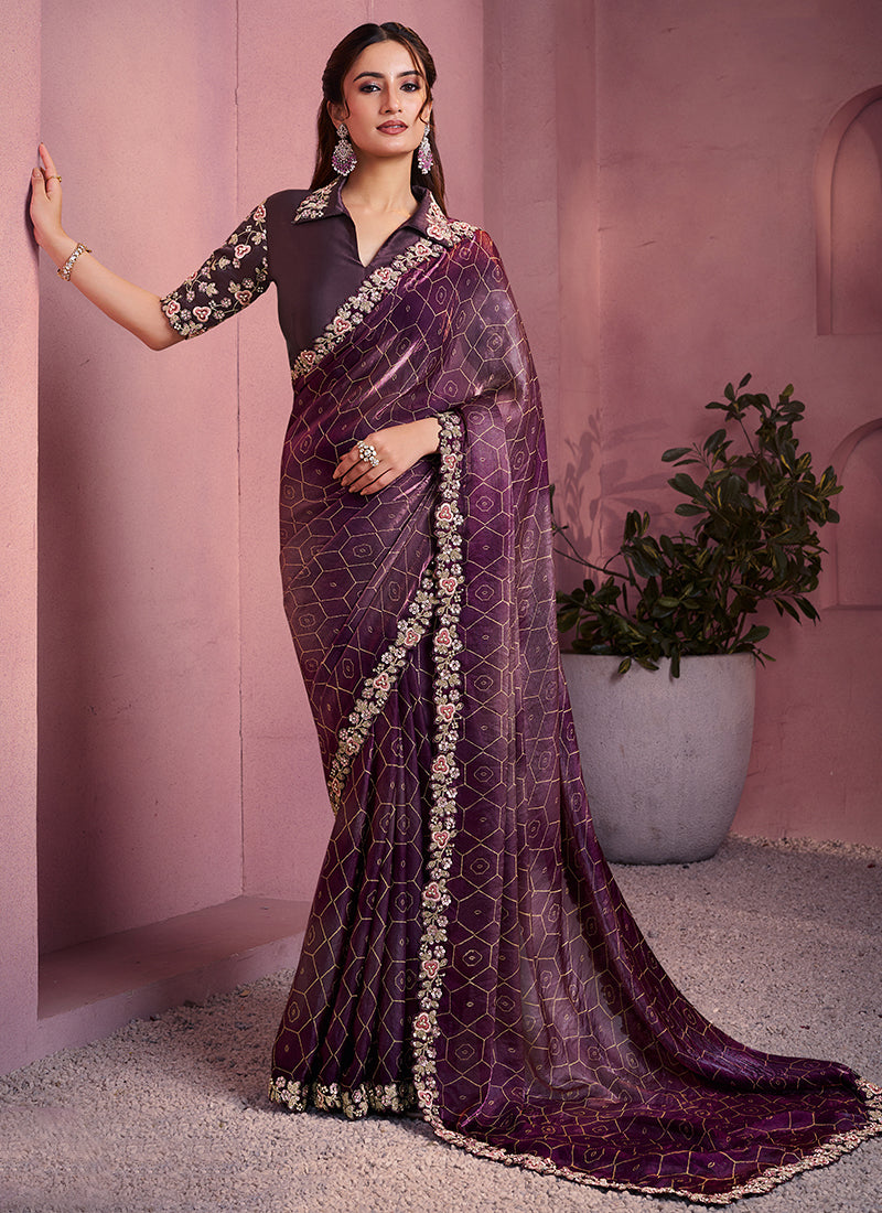 Satin Silk Wine Saree with Embroidery Work for Festival Wear 384497