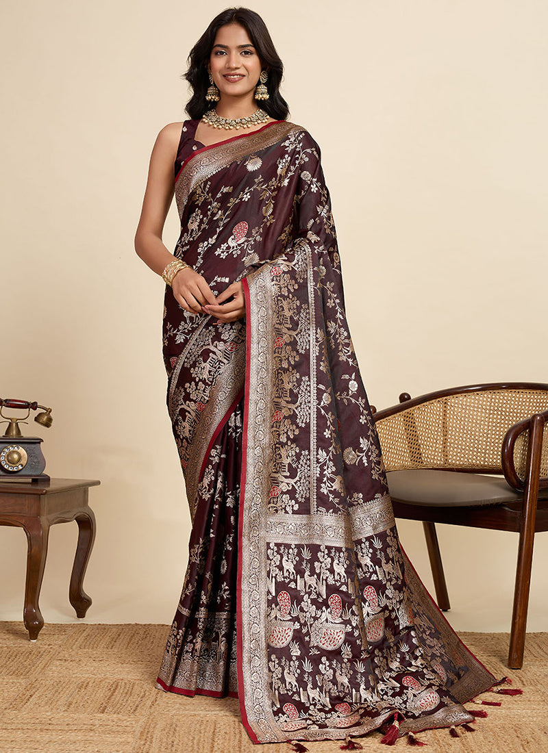 Satin Silk Wine Saree with Weaving Work for Party Wear 382782