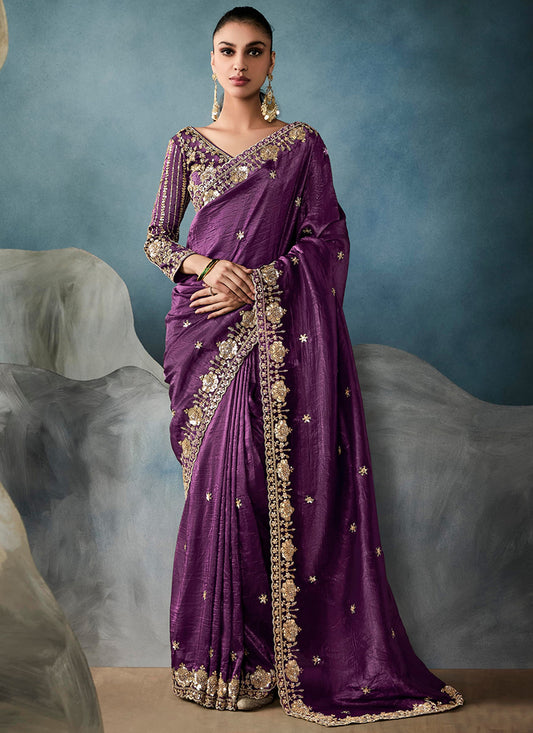 Tissue Fancy Wine Wedding Wear Embroidery Saree 384625