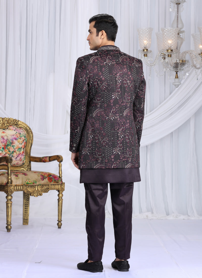Velvet Silk Wine Wedding Wear Computer Thread Work Readymade Indo Western Sherwani 386030