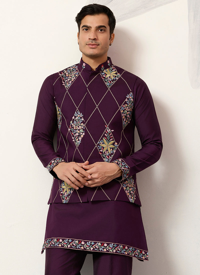 Viscose Art Silk Wine Festival Wear Sequins Embroidery Work Readymade Modi Jacket Kurta Pajama 388649