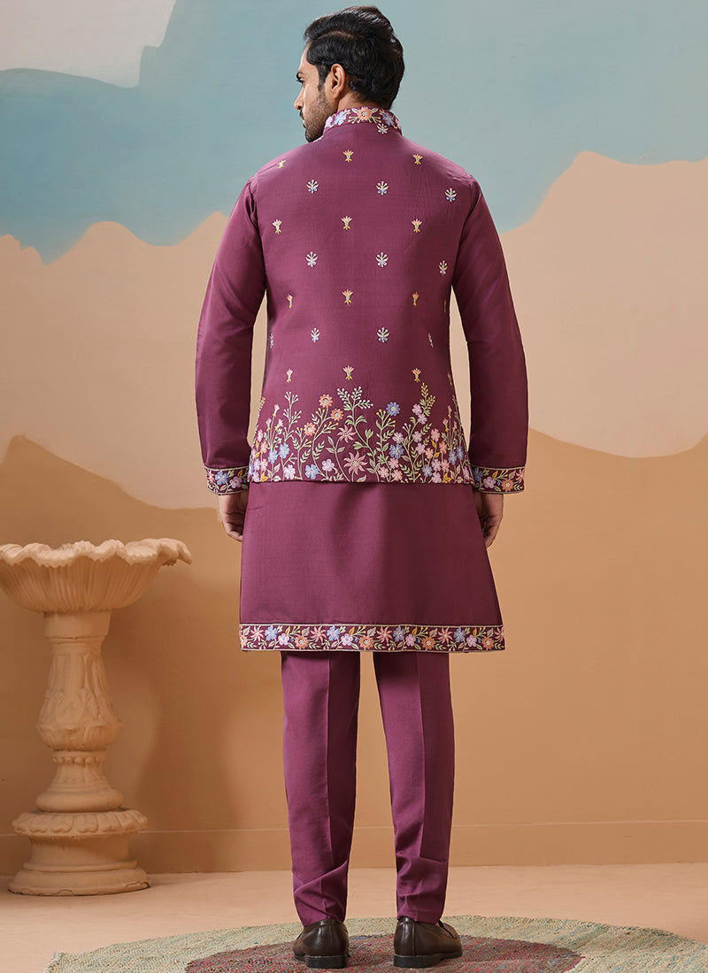 Viscose Silk Wine Festival Wear Embroidery Work Readymade Modi Jacket Kurta Pajama 385579