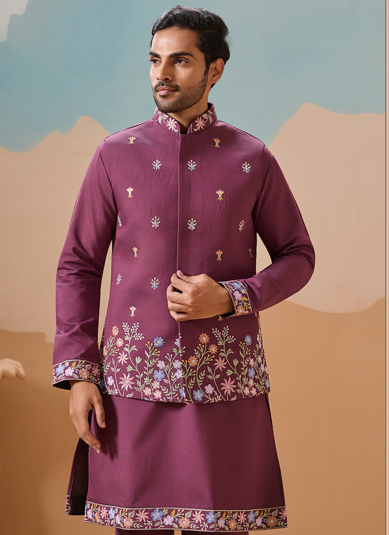 Viscose Silk Wine Festival Wear Embroidery Work Readymade Modi Jacket Kurta Pajama 385579