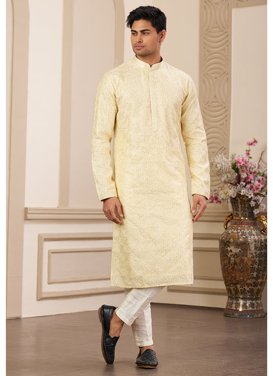 Stylish Yellow Art Silk Kurta Pajama for Festive Wear with Sequins Work