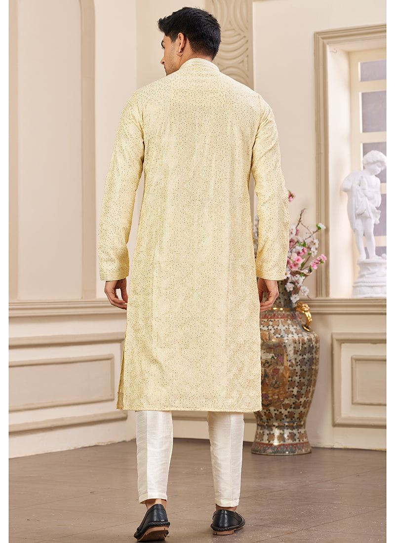 Stylish Yellow Art Silk Kurta Pajama for Festive Wear with Sequins Work