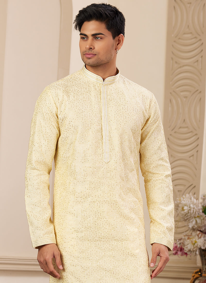 Stylish Yellow Art Silk Kurta Pajama for Festive Wear with Sequins Work