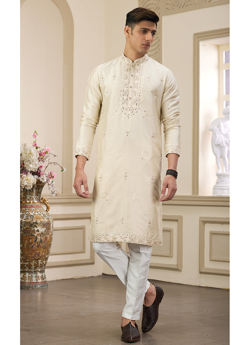 Trendy Yellow Banarasi Silk Kurta Pajama with Shimmering Sequins
