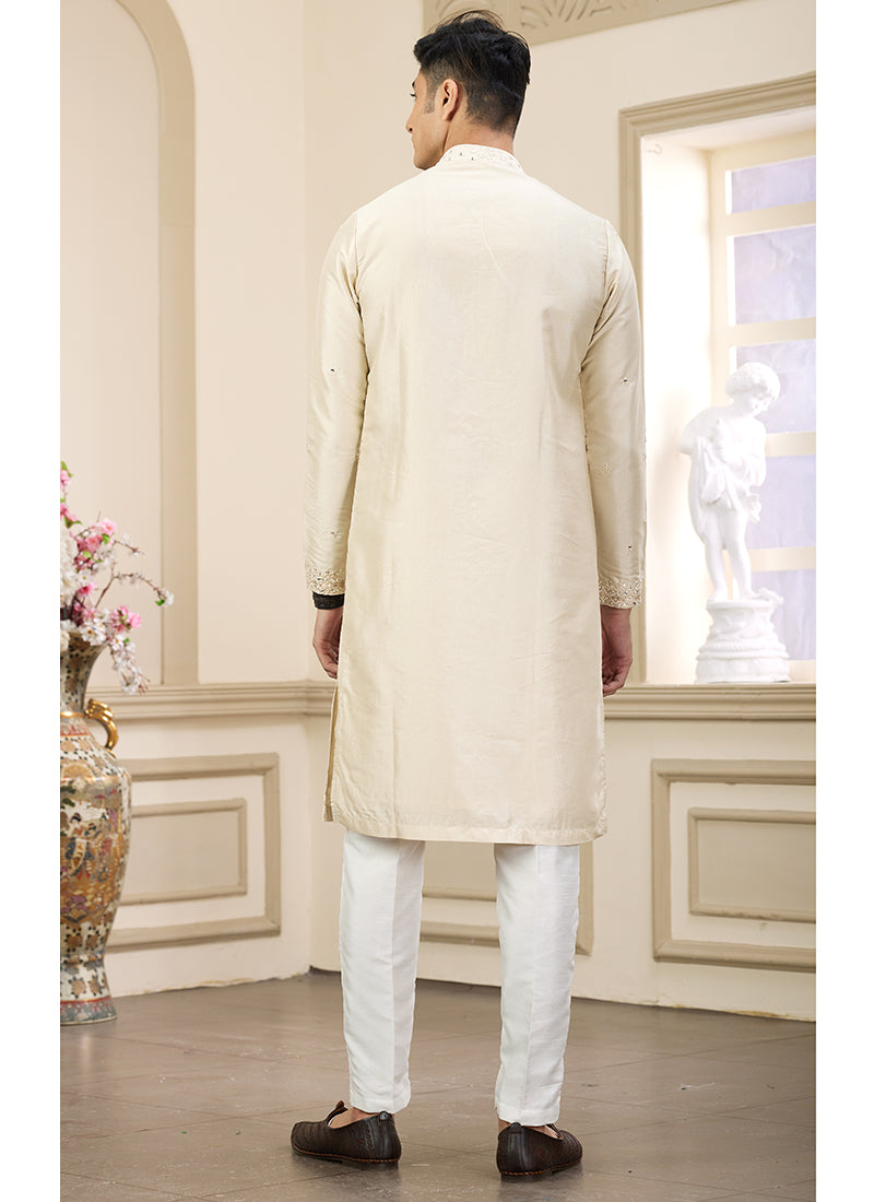 Trendy Yellow Banarasi Silk Kurta Pajama with Shimmering Sequins