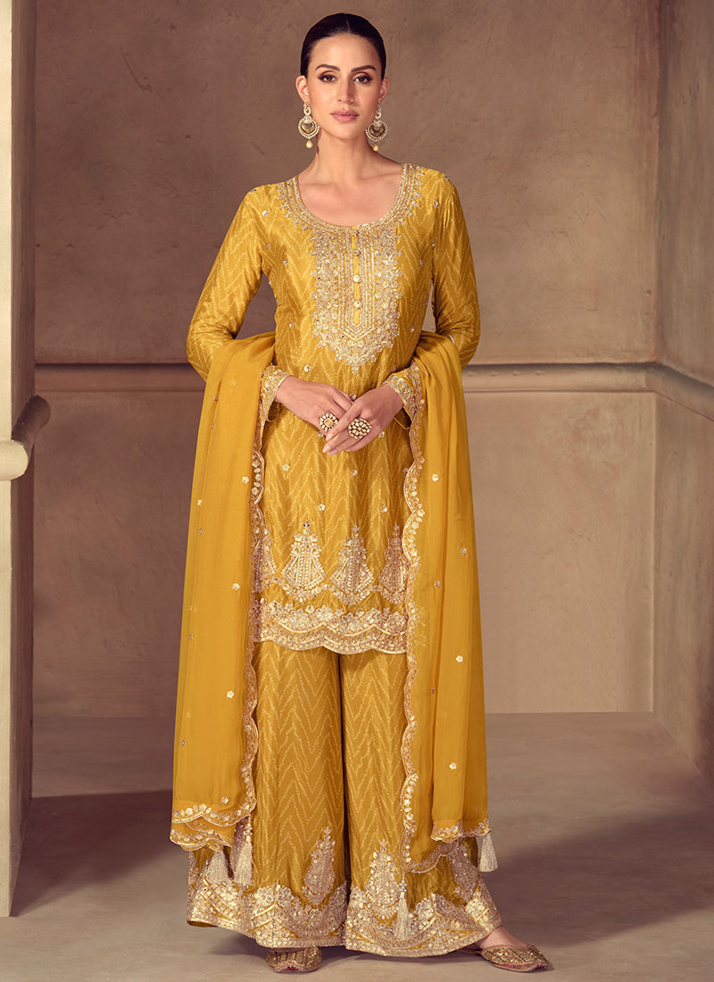 Chinnon Yellow Festival Wear Embroidery Work Readymade Palazzo Suit 385002