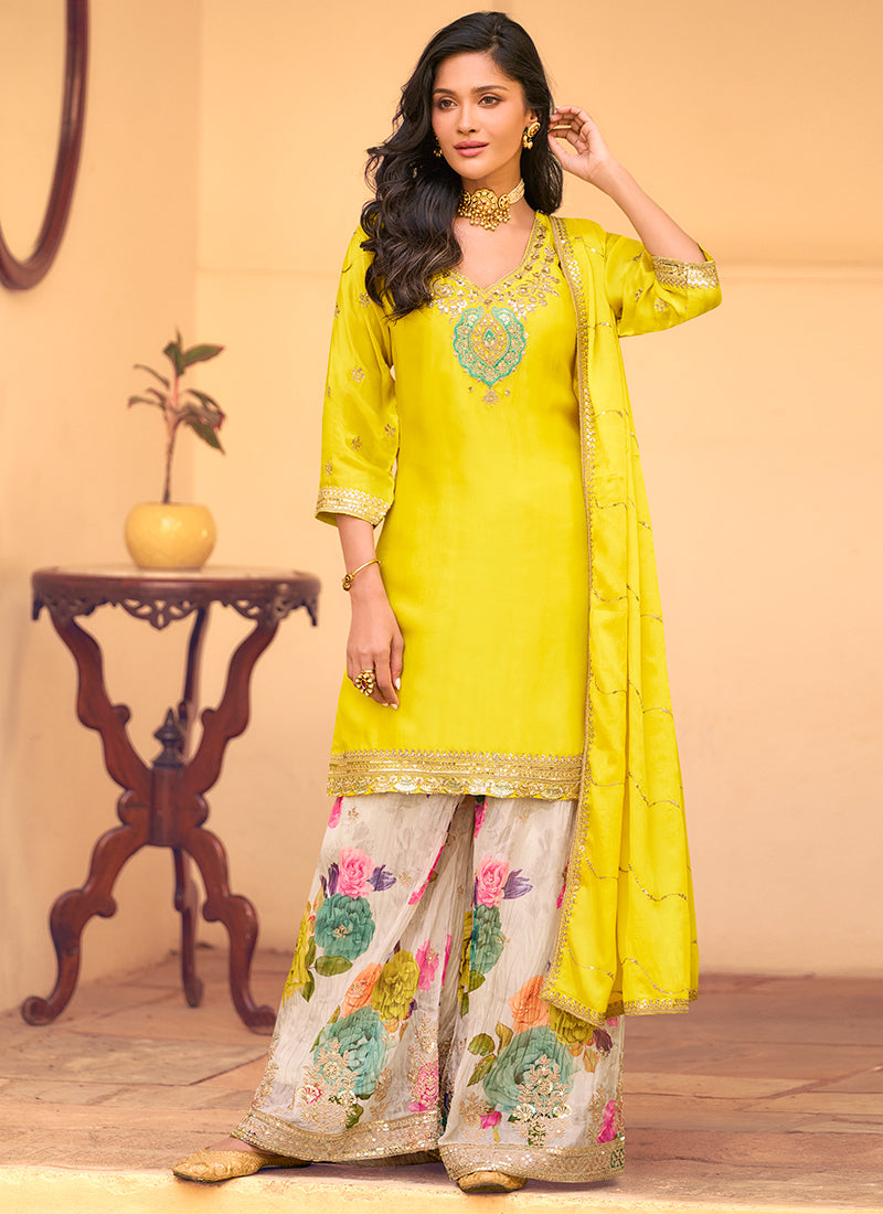Chinnon Silk Yellow Festival Wear Embroidery Work Readymade Sharara Suit 384911