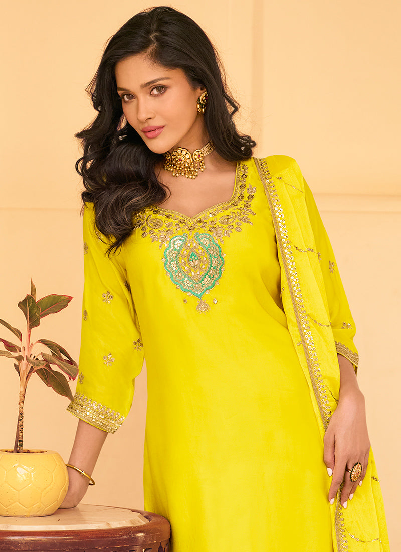 Chinnon Silk Yellow Festival Wear Embroidery Work Readymade Sharara Suit 384911