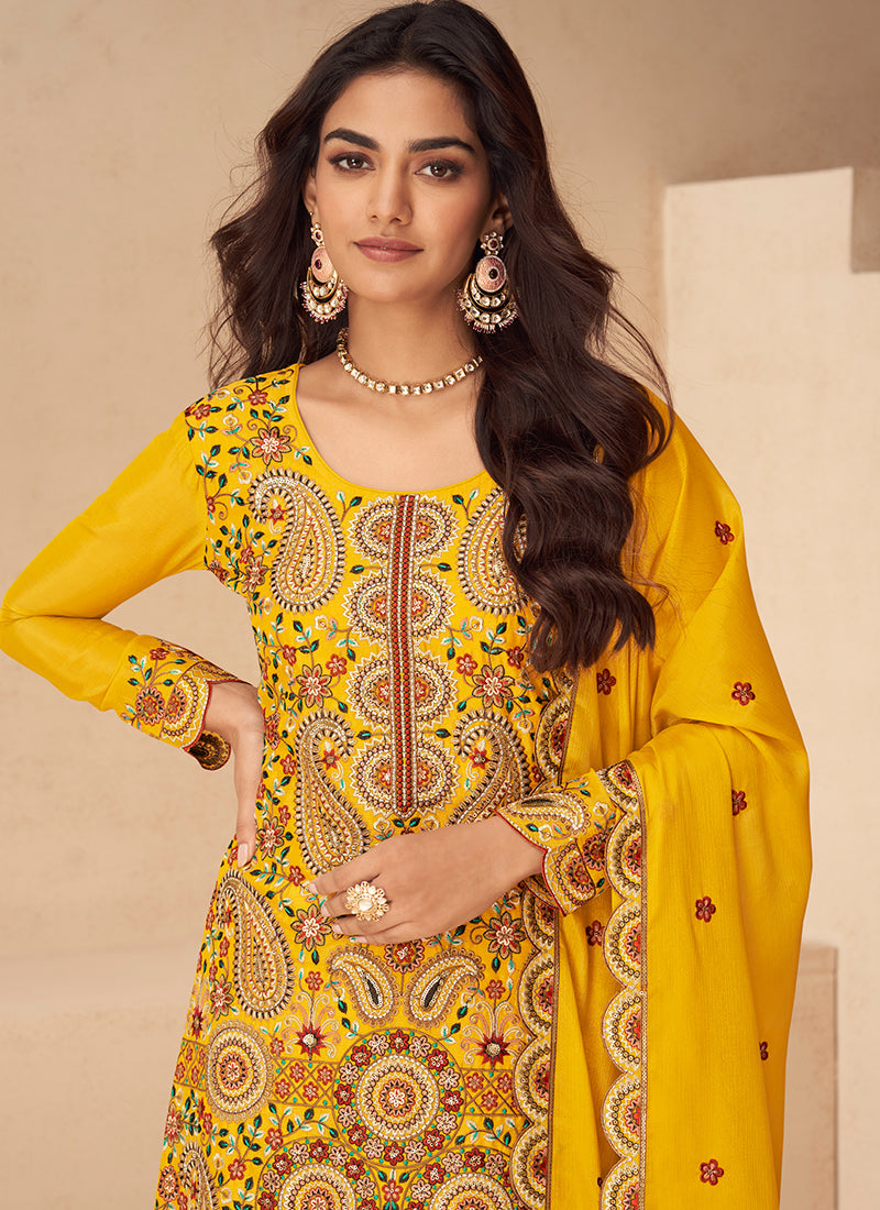 Chinnon Yellow Wedding Wear Emroidery Work Readymade Plazzo Suit 385059