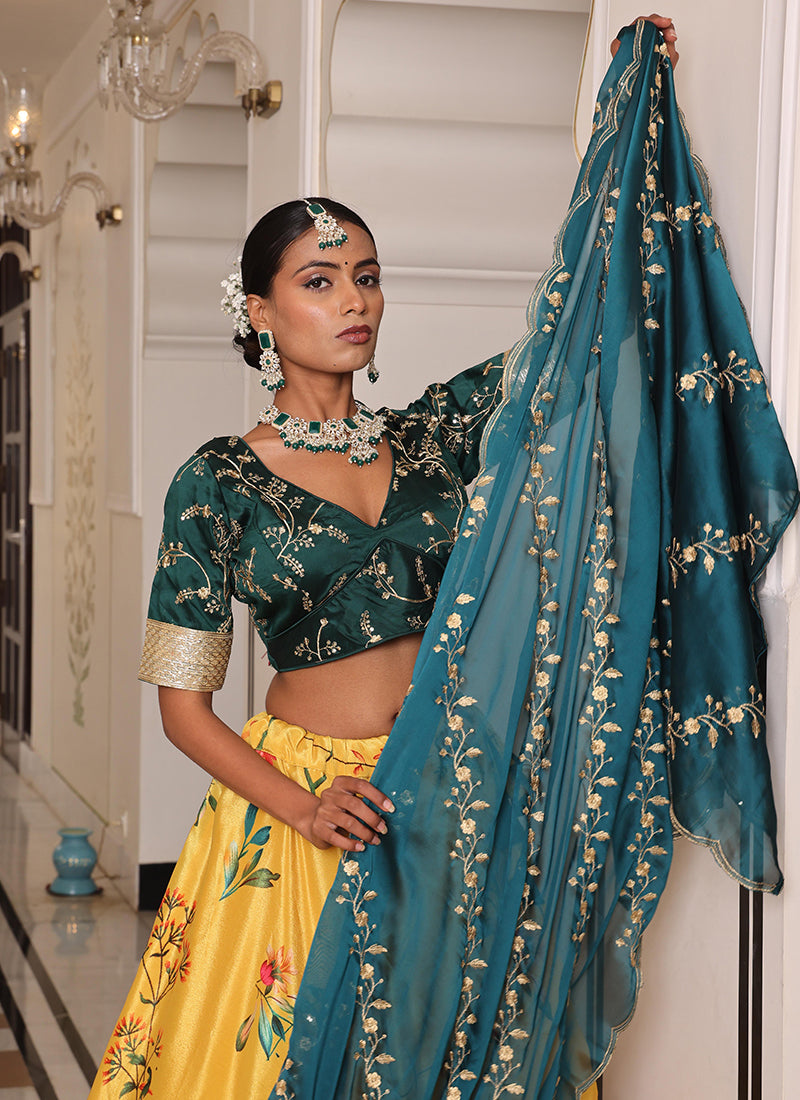 Chinon Yellow Ocassional Wear Embroidery Work Lehenga Choli 386076