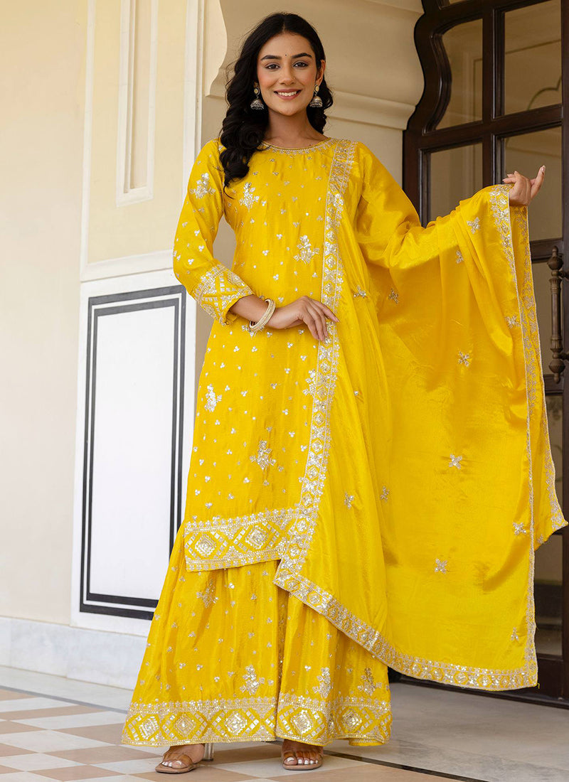 Yellow Chinon Silk Sequins Work Festival Wear Readymade Sharara Suit SW679380