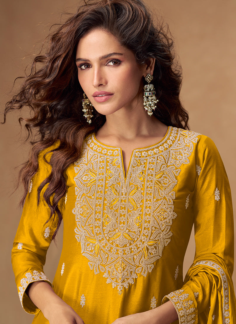 Yellow Chinon Silk Embroidery Work Occasional Wear Readymade Plazzo Suit SW416710