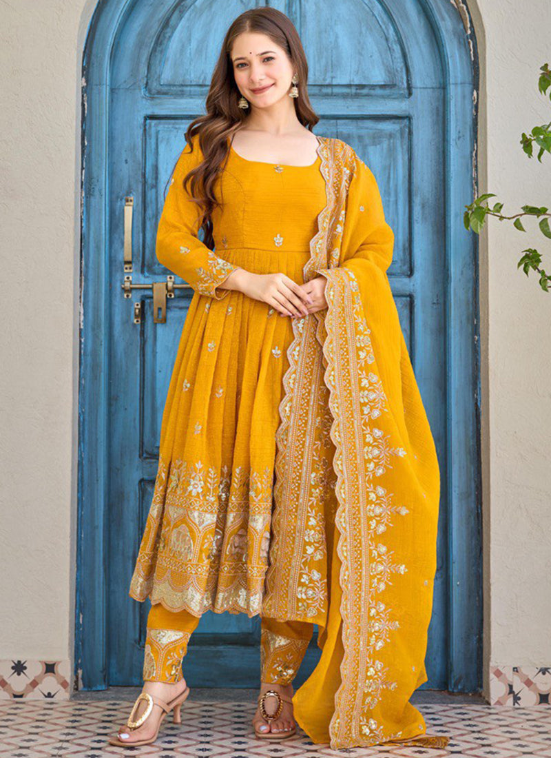 Yellow Crunchy Silk Sequins Work Festival Wear Readymade Anarkali Suit SW299062