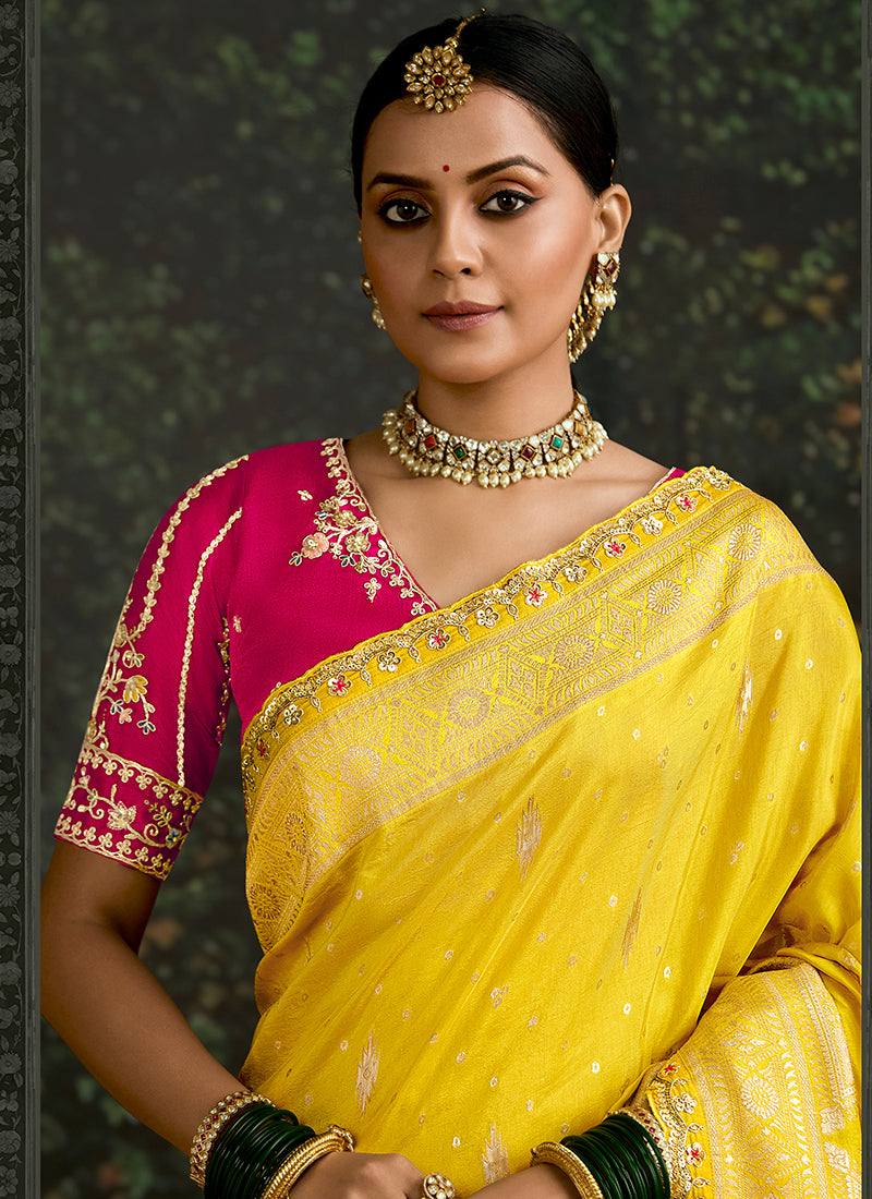Yellow Dola Silk Embroidery Work Festival Wear Saree SW152342