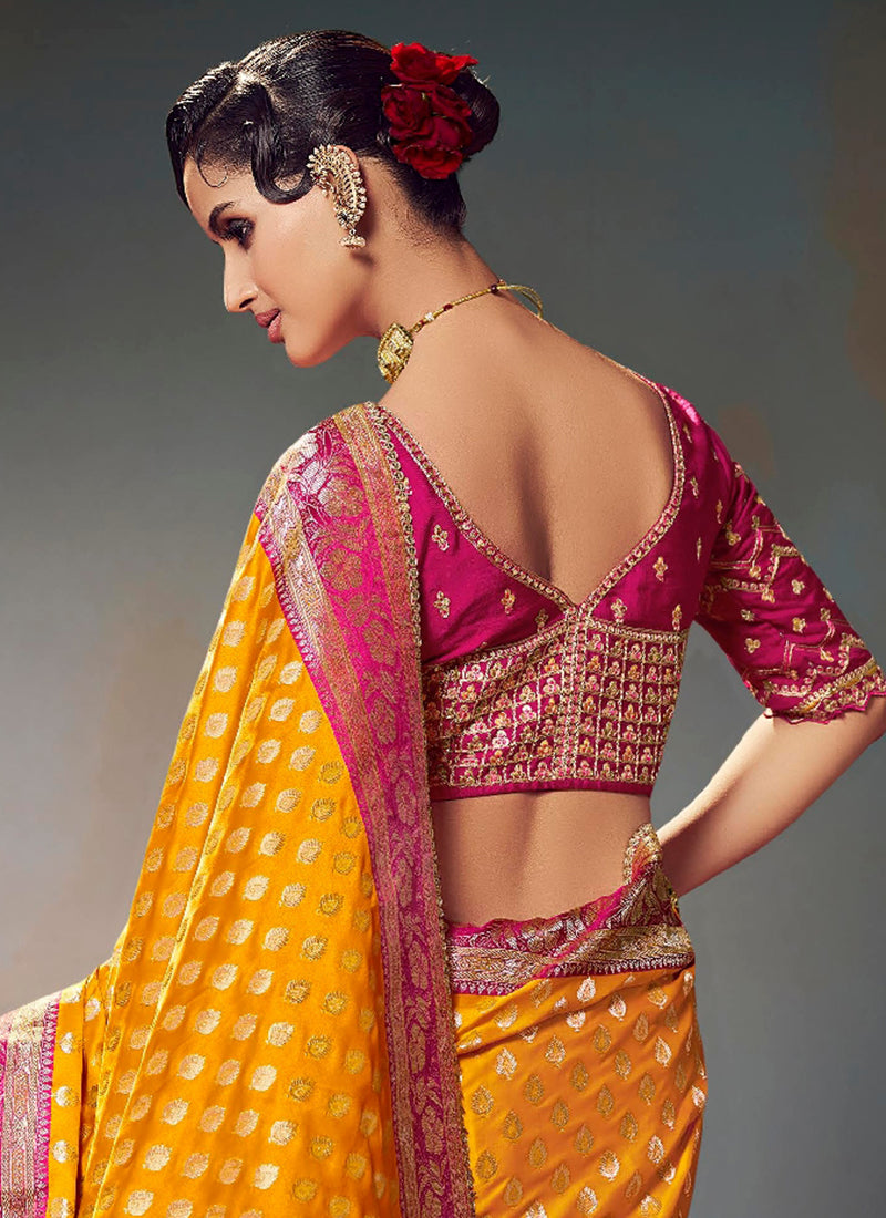 Fancy Fabric Yellow Wedding Wear Embroidery Work Saree 385864