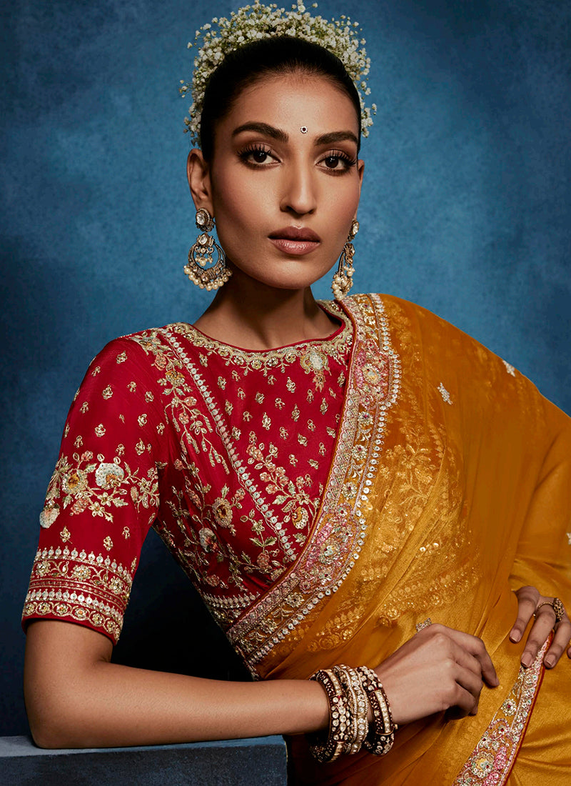 Yellow Fancy Silk Embroidery Work Wedding Wear Saree SW549371