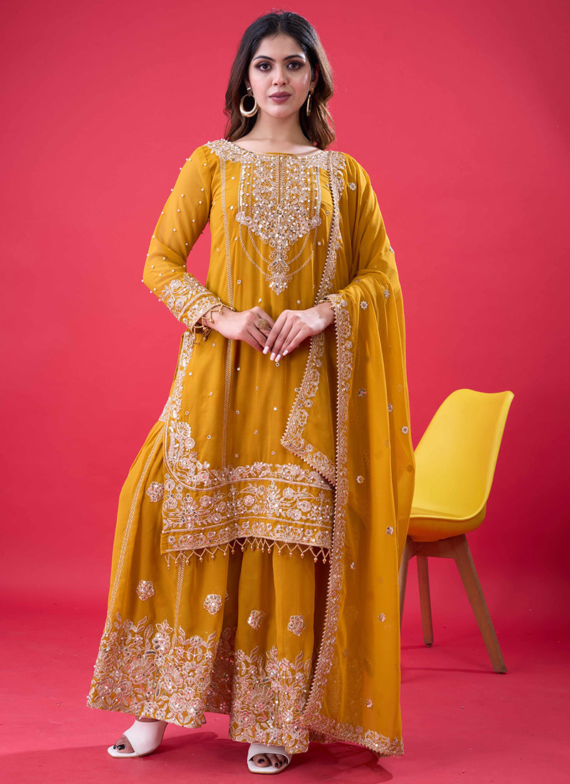 Faux Georgette Yellow Festival Wear Embroidery Work Readymade Sharara Suit 384994