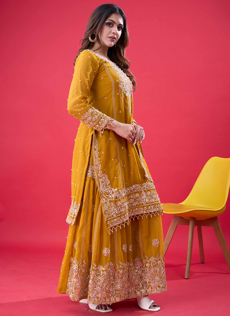 Faux Georgette Yellow Festival Wear Embroidery Work Readymade Sharara Suit 384994