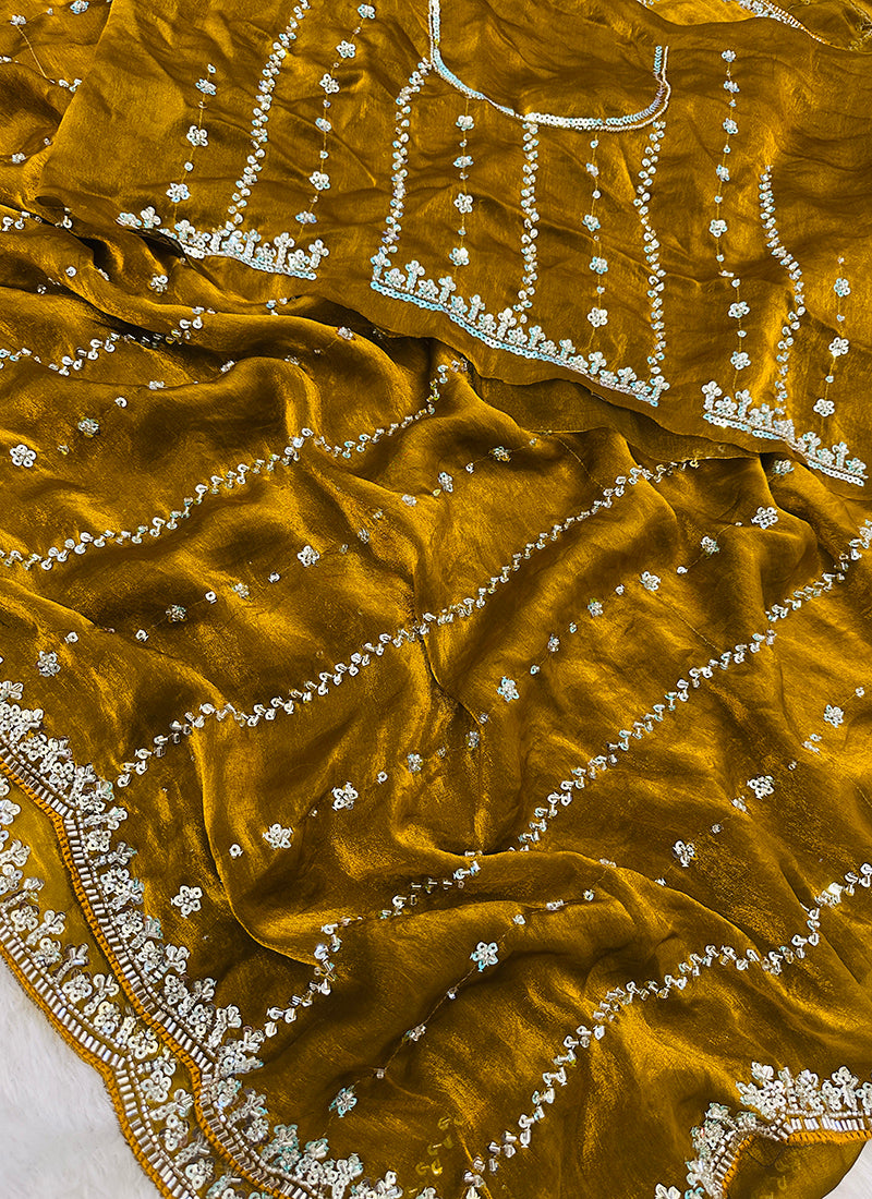 Yellow Fendi Satin Sequins Work Festival Wear Saree SW657182