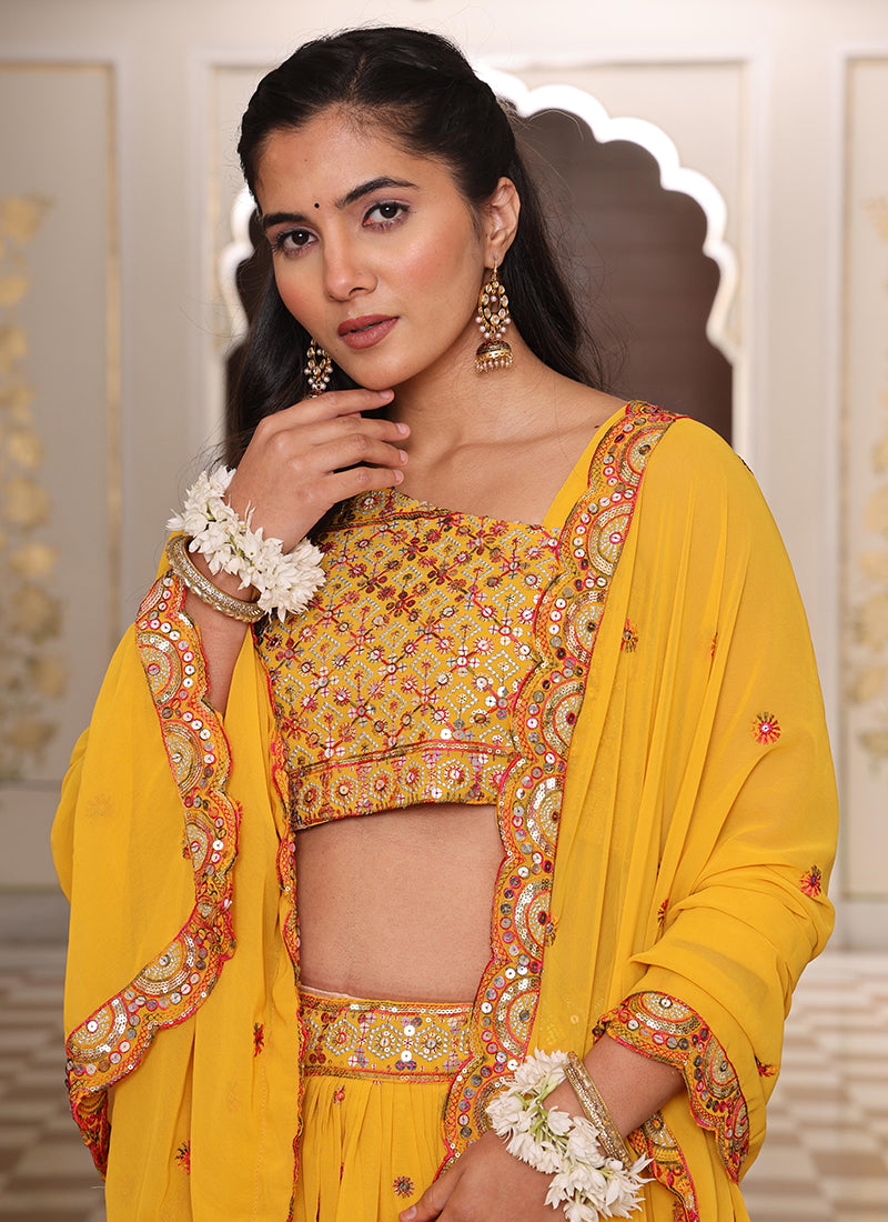 Georgette Yellow Ocassional Wear Embroidery Work Lehenga Choli 386074